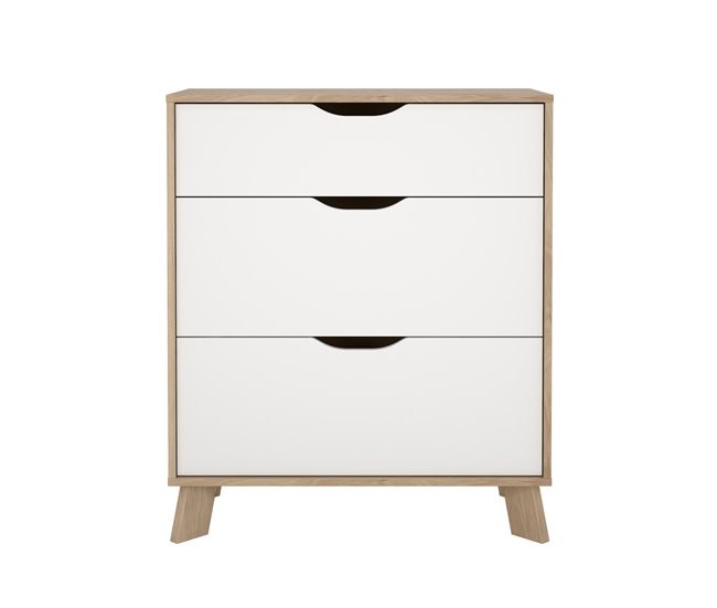 Ikast Chest features three white drawers with cut-out handles, framed in Jackson Hickory wood, supported by angled wooden legs for a modern look.