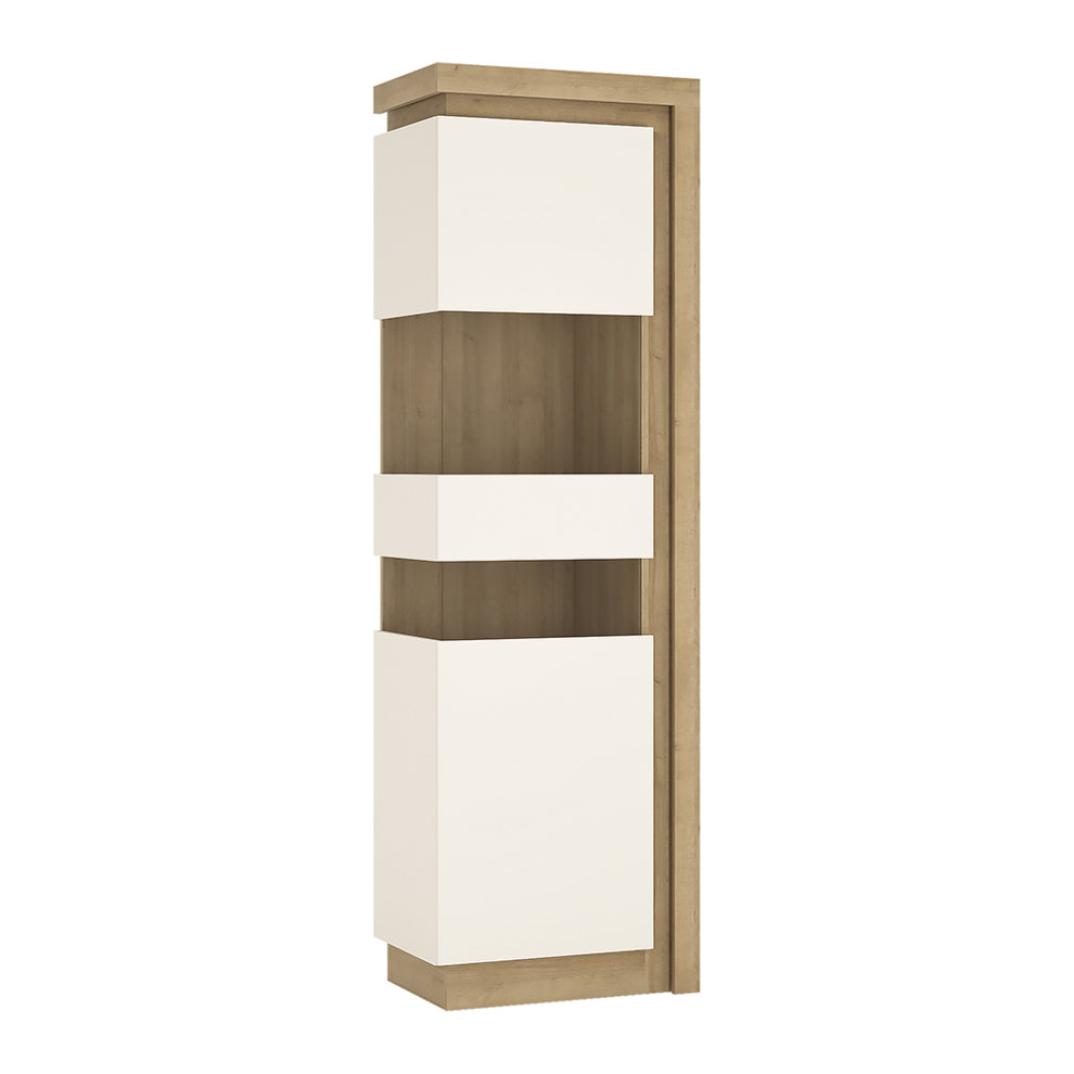 Tall narrow display cabinet featuring a light wood frame with white high-gloss doors, two drawers, and integrated LED lighting for enhanced visibility.