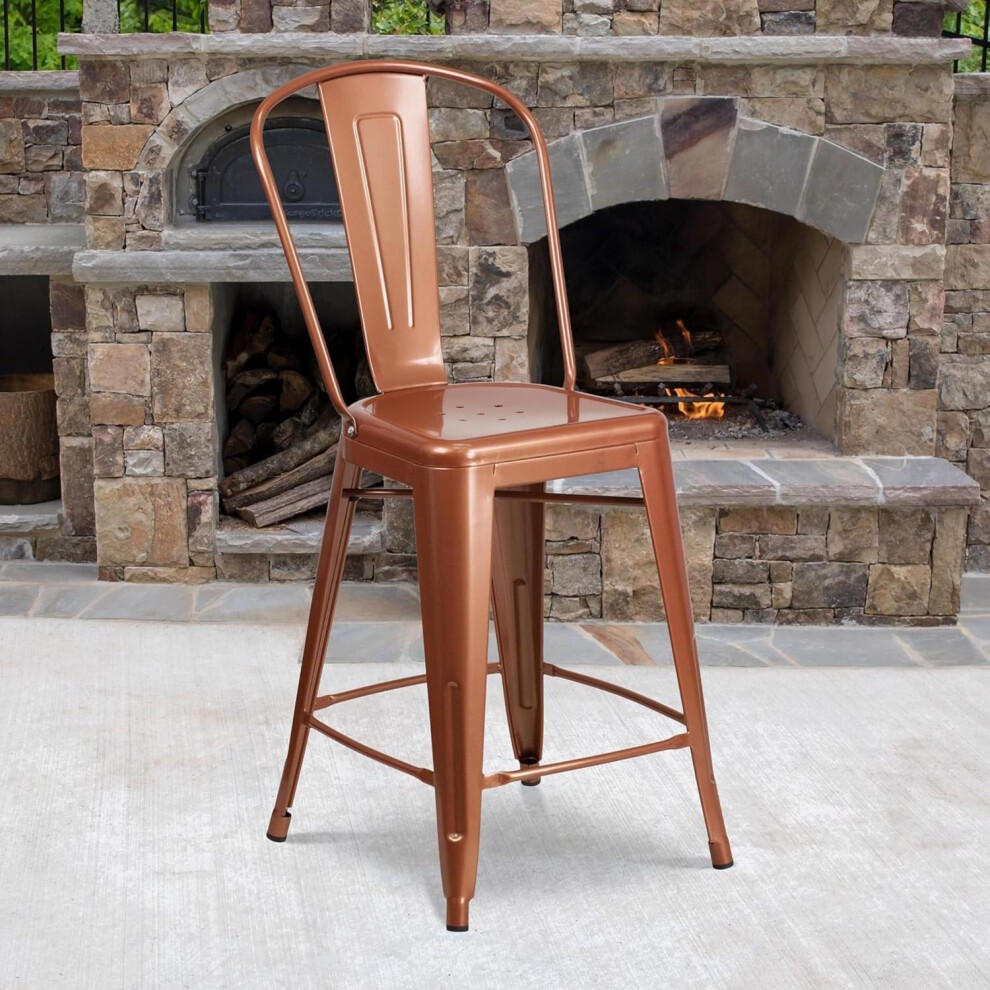 Set of four 24" copper bar stools made from galvanized steel, featuring a sleek design with a high back and perforated seat, ideal for outdoor or indoor use.