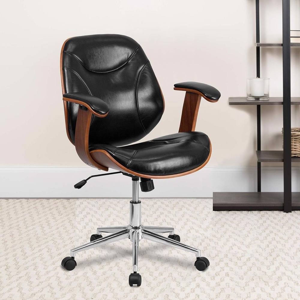Walnut and black faux leather executive office chair featuring a sleek design, padded seat, wooden armrests, and a chrome base with rolling casters.