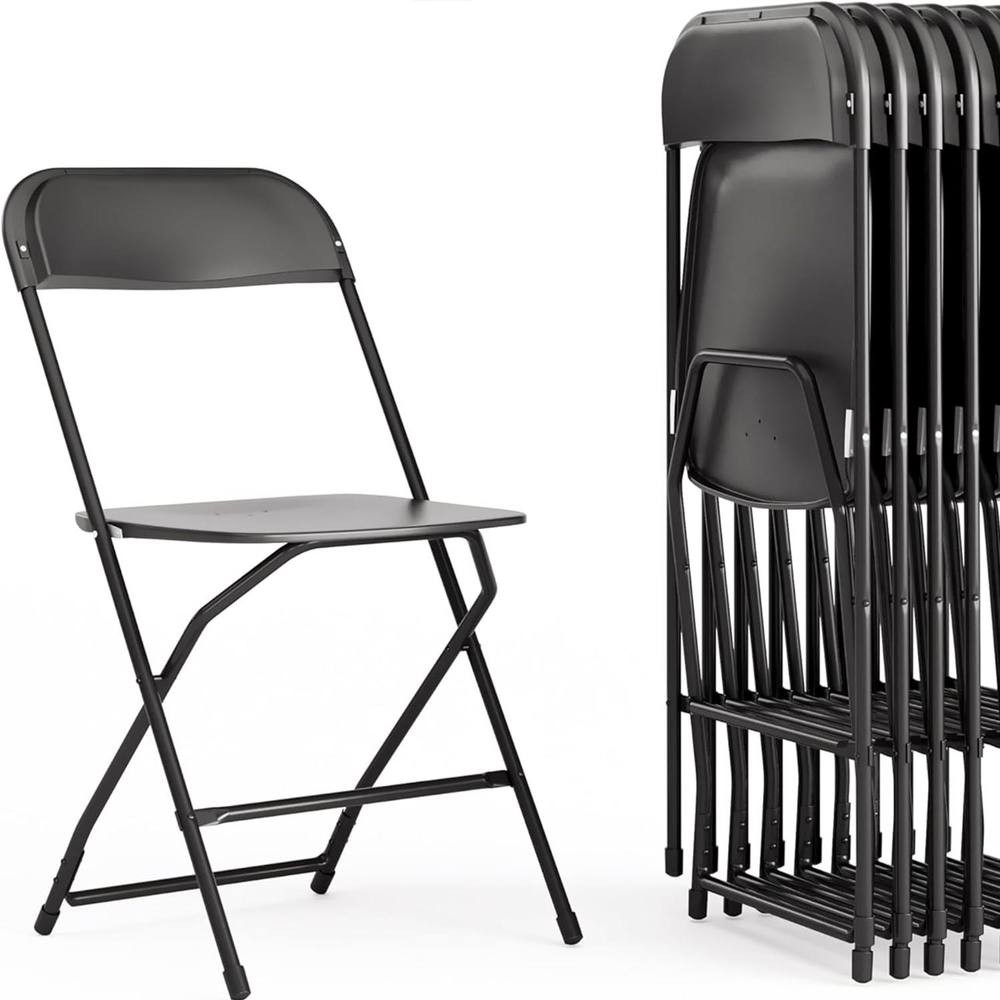 Ten black folding chairs made of durable plastic and metal, featuring a sleek design, stackable for easy storage, suitable for both indoor and outdoor use.