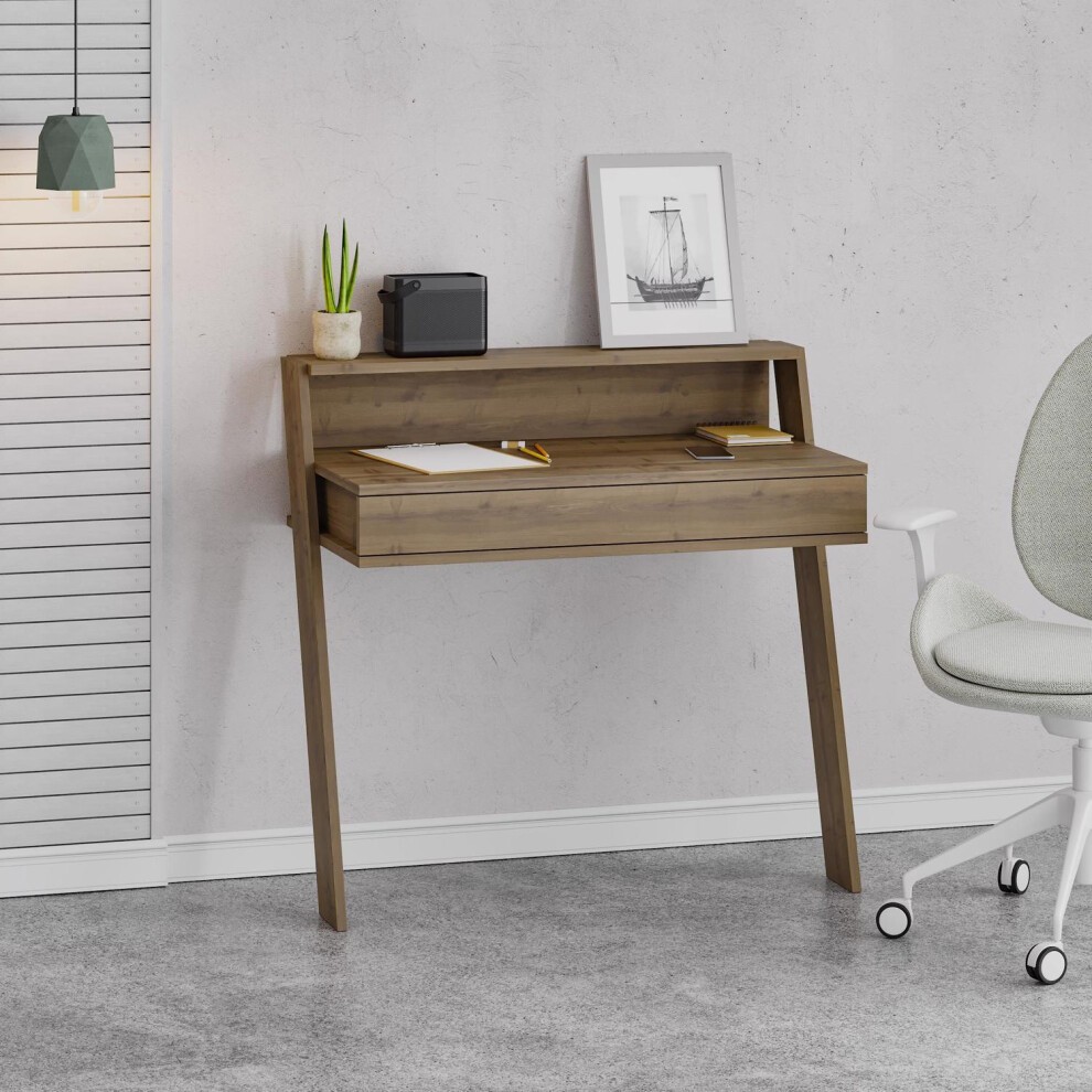 Modern wall-mounted desk in dark oak with a single drawer, featuring a sleek design, complemented by a light grey wall and a stylish office chair.