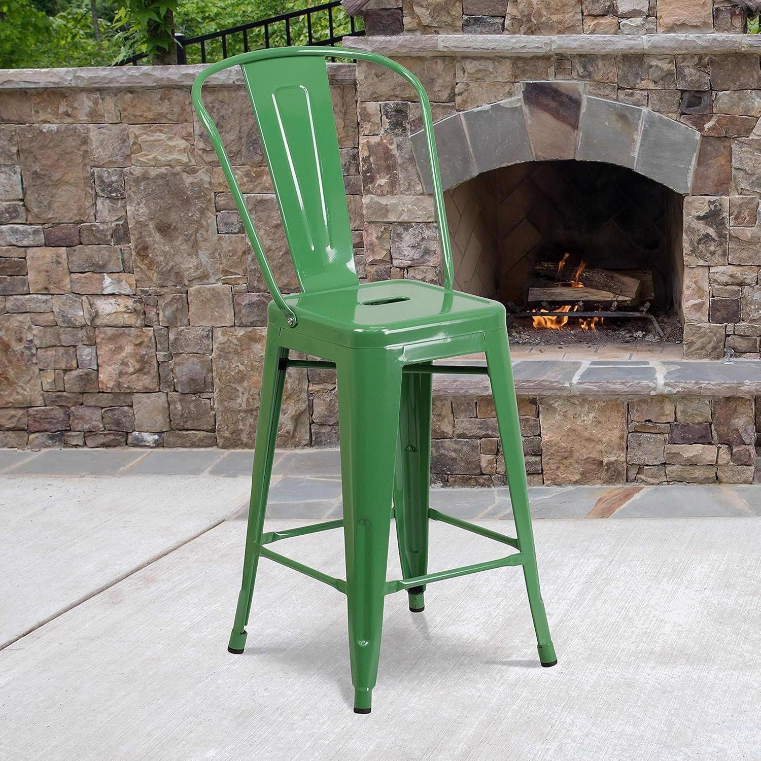 Set of four 24" green bar chairs made of galvanised steel, featuring a sleek design with a curved backrest, suitable for both indoor and outdoor use.