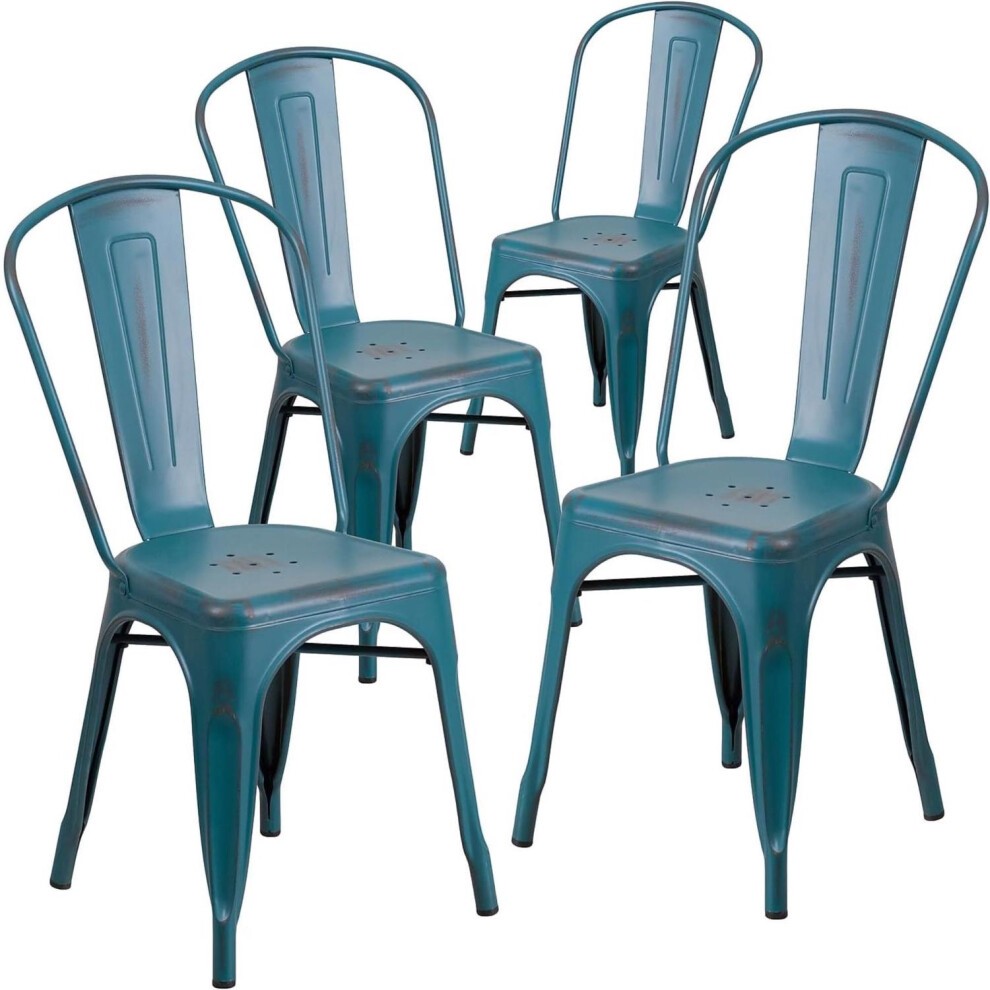 Set of four blue galvanized steel chairs, featuring a classic design with a curved backrest and perforated seat, suitable for both indoor and outdoor use.