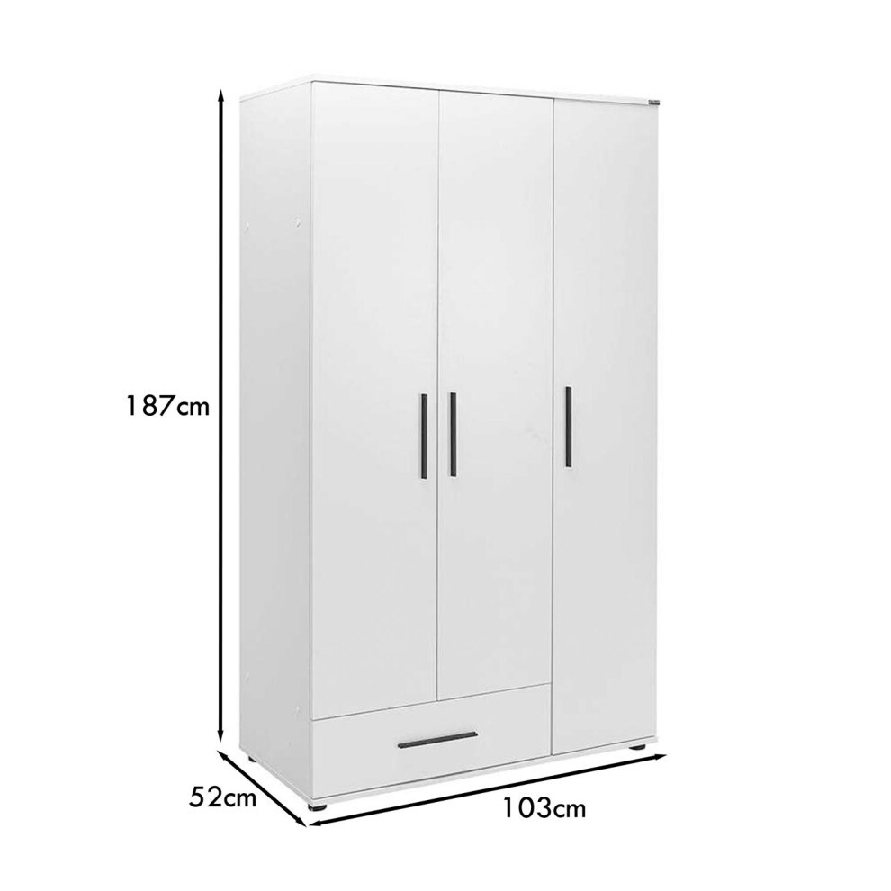 FWStyle Matt White 3 Door Single Drawer Triple Wardrobe - image 5