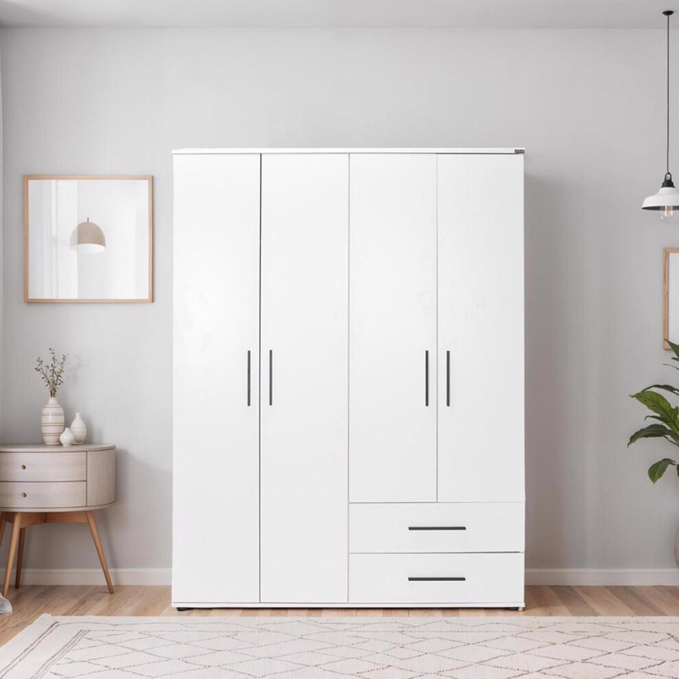 Large white wardrobe with four doors and two drawers, featuring sleek black handles, set against a light-colored wall in a modern room.