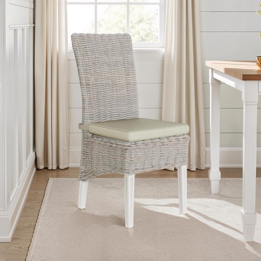 Set of 2 handmade dining chairs featuring white pine rattan with a light gray finish and soft green cushions, ideal for a stylish dining space.