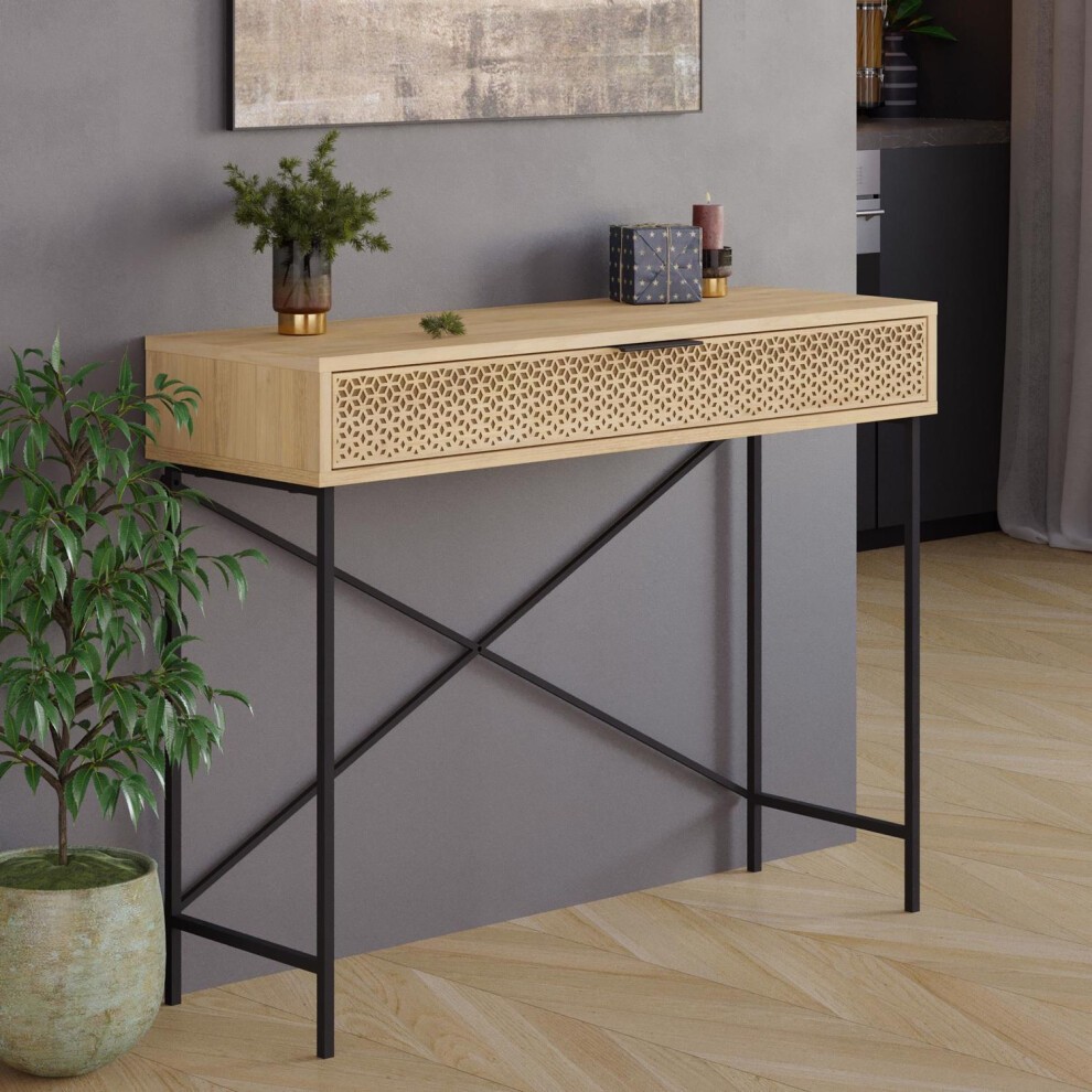 Sapphire oak effect console table with a decorative cut-out drawer, metal frame, and push-open mechanism, complemented by a potted plant and modern decor.