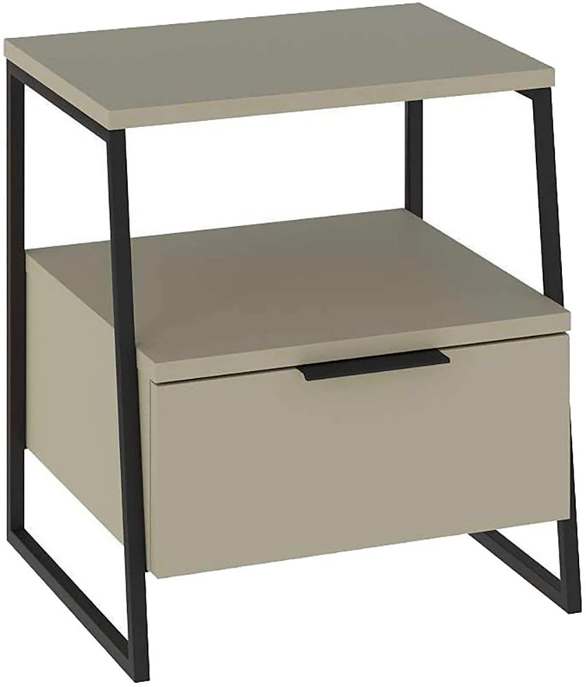 Ash green bedside chest table featuring a single drawer with a sleek black handle, an open shelf design, and a modern metal frame.