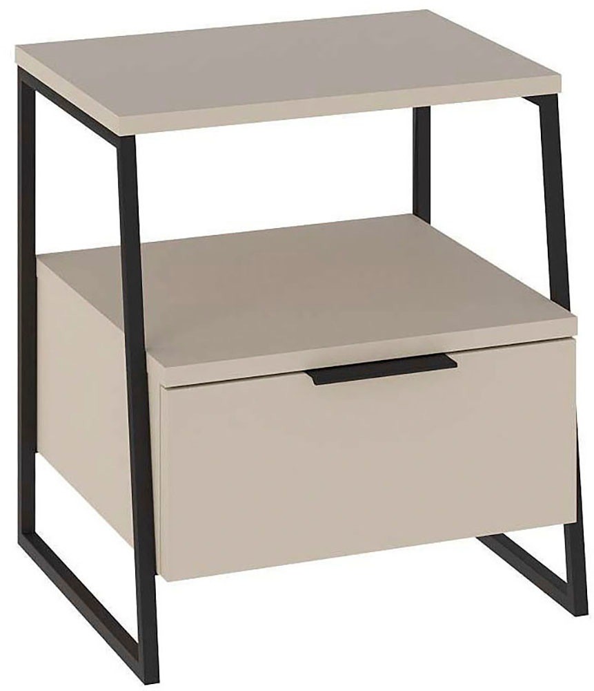 Beige bedside chest table with one drawer and an open shelf, featuring a sleek design with a black metal frame and a smooth sandstone finish.