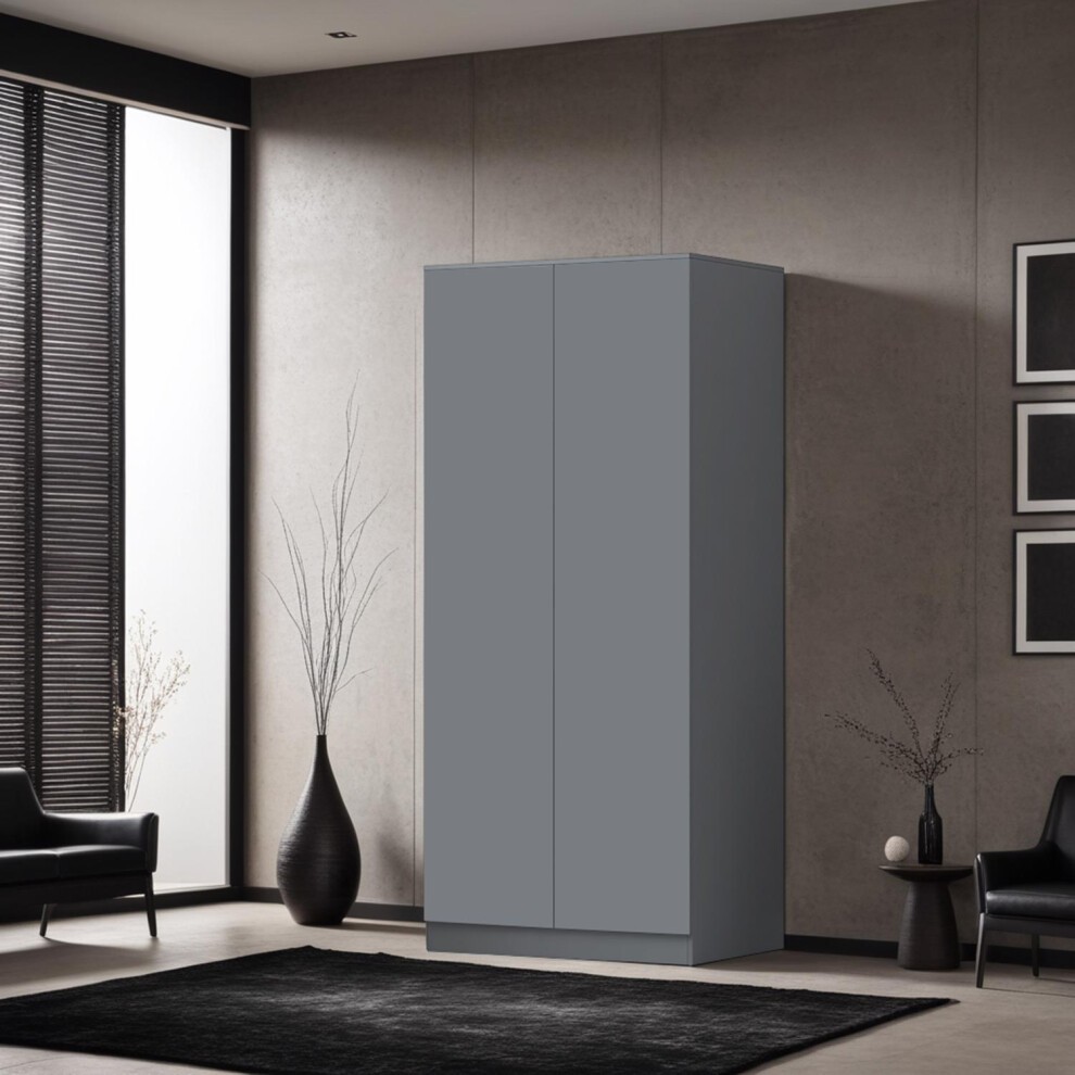 Dark grey, two-door double wardrobe with a push-open and soft-close mechanism, featuring a scratch-resistant finish, set against a modern interior backdrop.