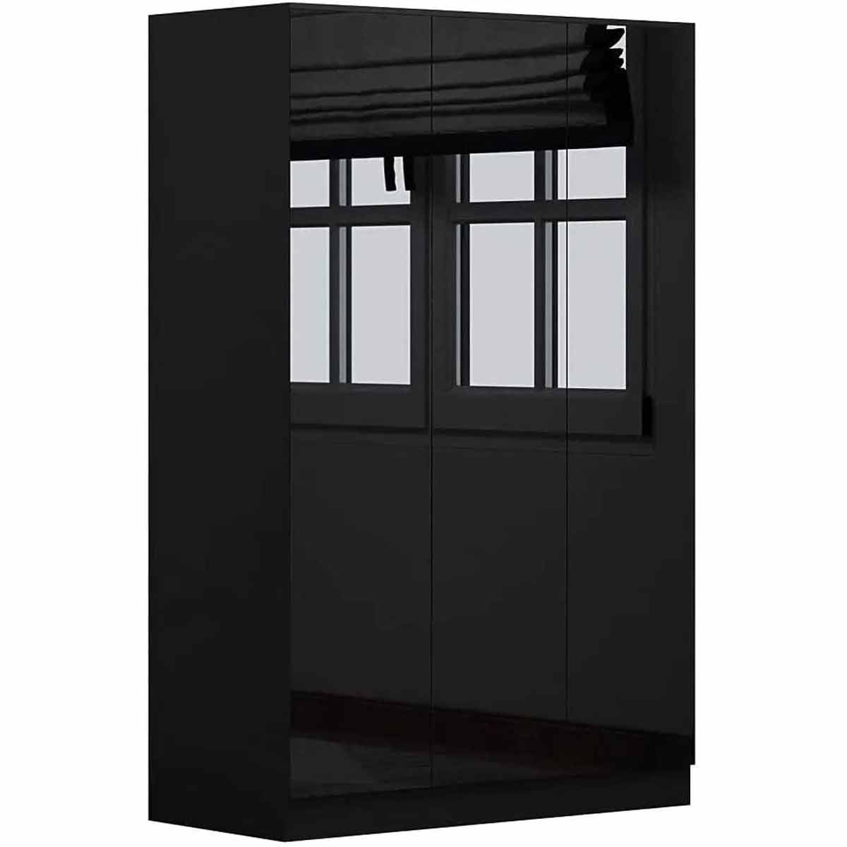 Large triple wardrobe in high gloss black finish featuring three doors, sleek design, and reflective surfaces, perfect for modern bedroom decor.