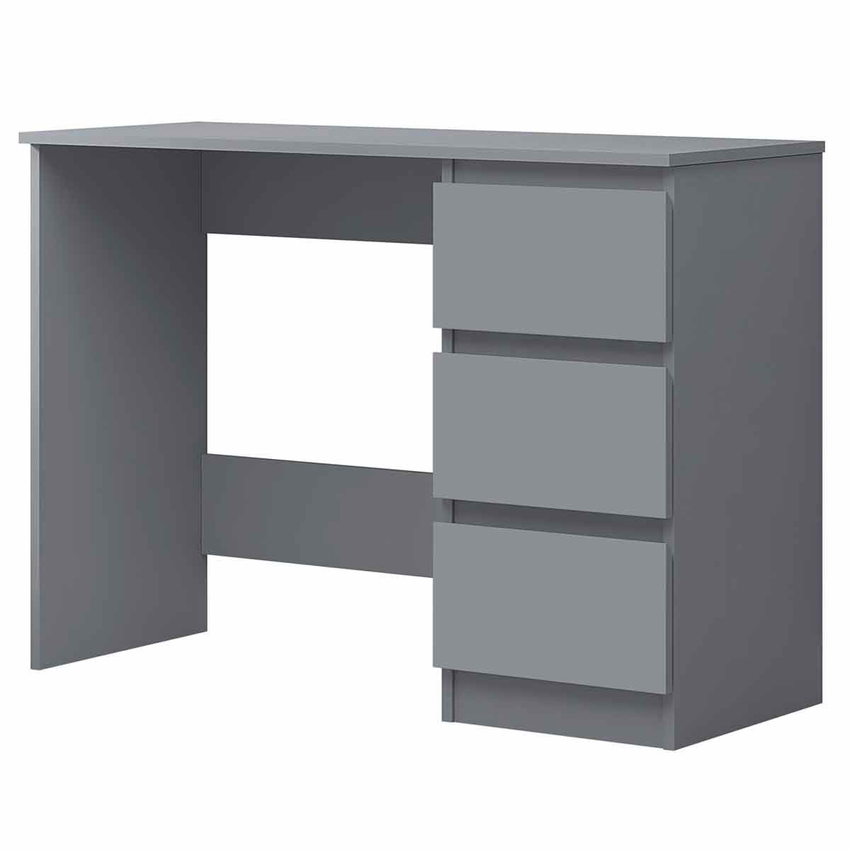Large dark grey desk with a sleek design, featuring three scratch-resistant drawers and an open space for legroom, ideal for home office or dressing table use.