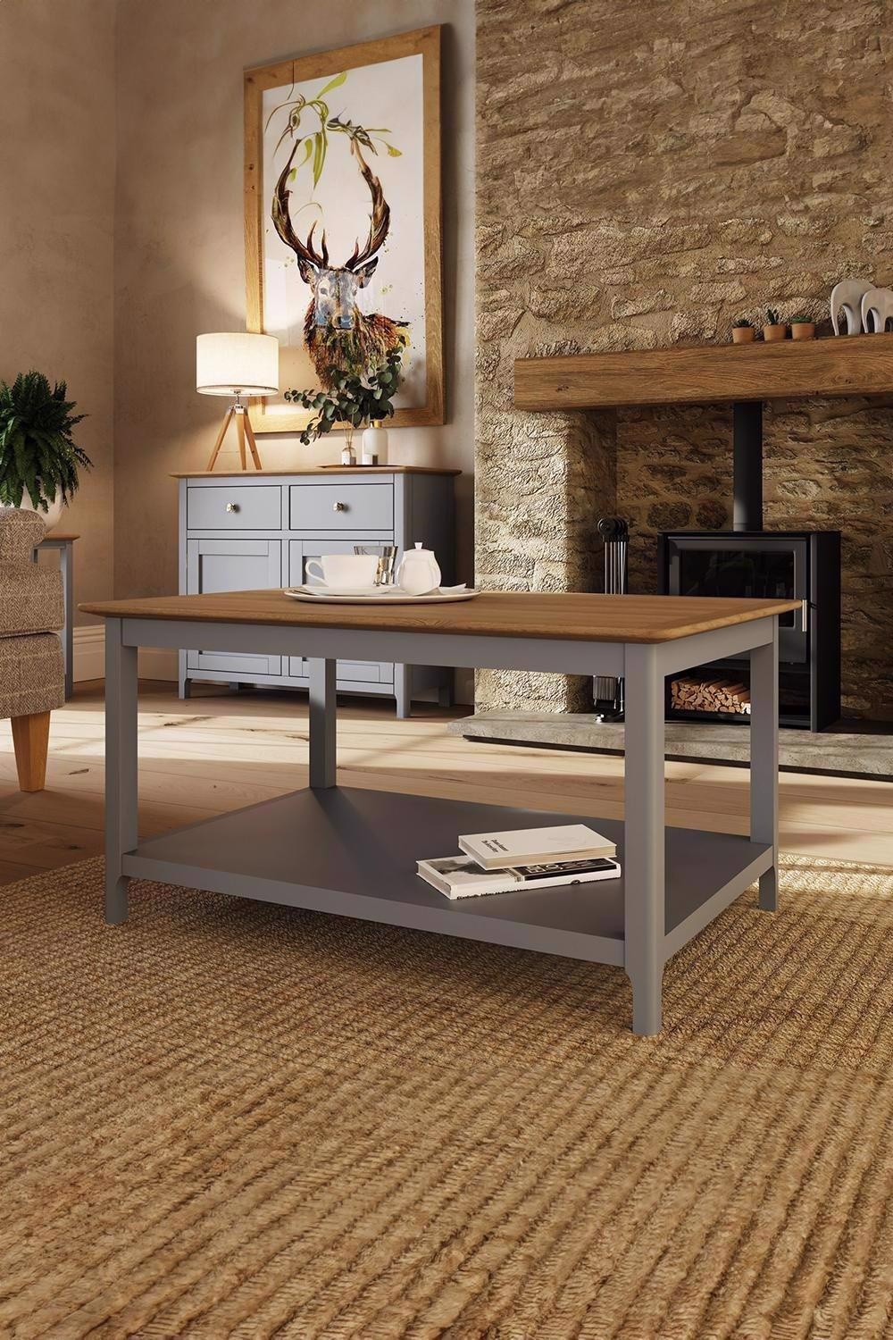 Large dove grey painted oak coffee table featuring a wooden top, lower shelf for storage, and a modern design, set in a cozy living room with natural decor.