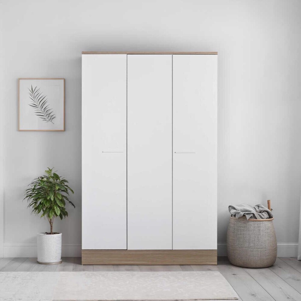 Three-door wardrobe featuring a two-tone design of white and oak, with sleek lines, minimalistic handles, and a modern aesthetic, set against a light, neutral background.