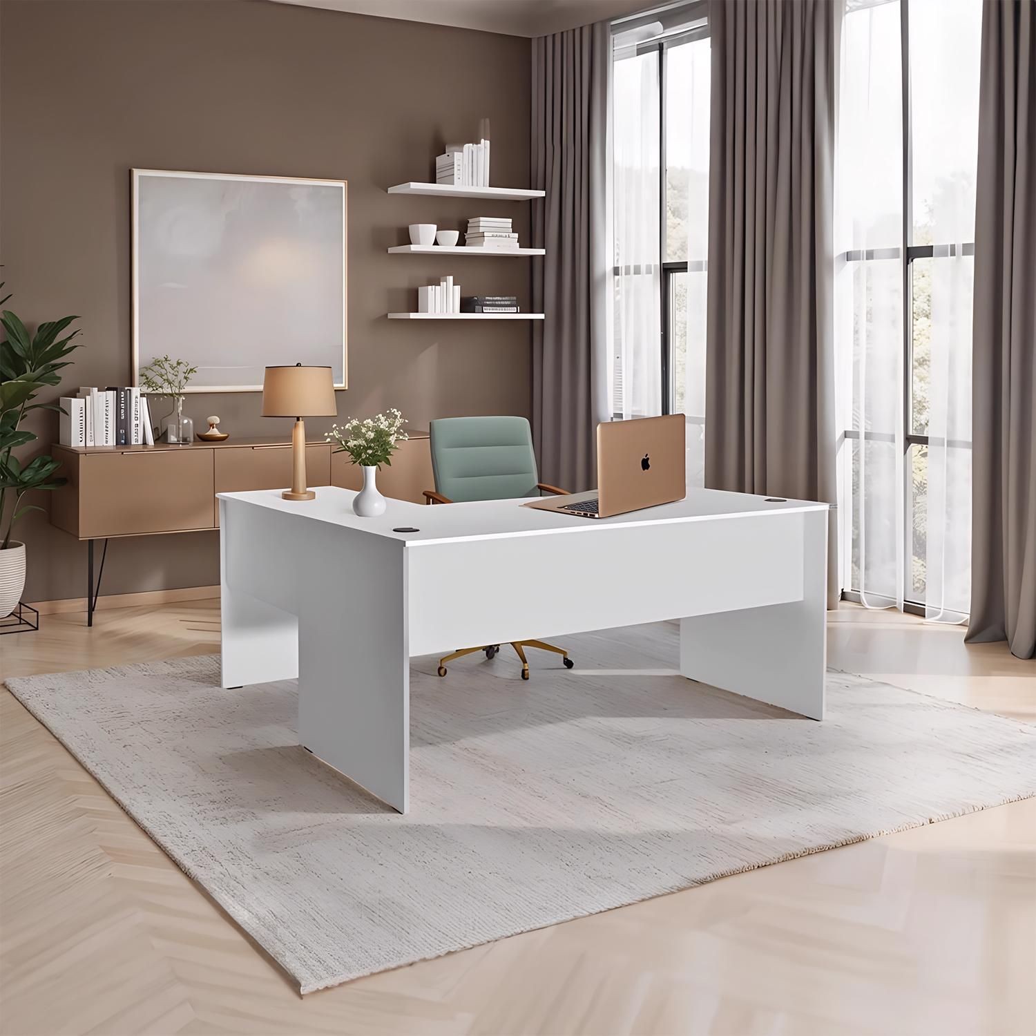 White L-shaped reversible corner desk with a sleek design, featuring a smooth surface and sturdy legs, complemented by a green chair and decorative items in a modern home office setting.