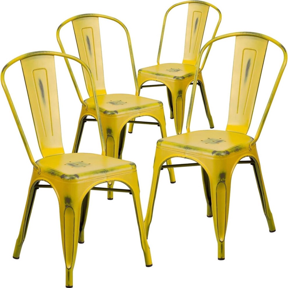Set of four bright yellow galvanised steel chairs with a sleek design, featuring a curved backrest and a sturdy frame, ready assembled for immediate use.