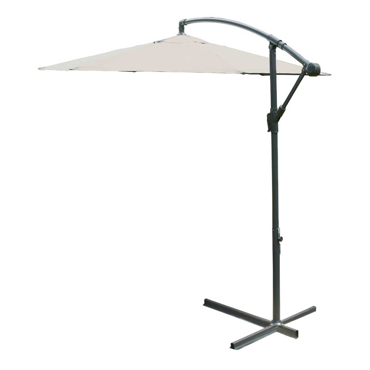 Cream-colored cantilever parasol with a sturdy metal frame and a cross base, featuring an adjustable arm for optimal shade coverage.