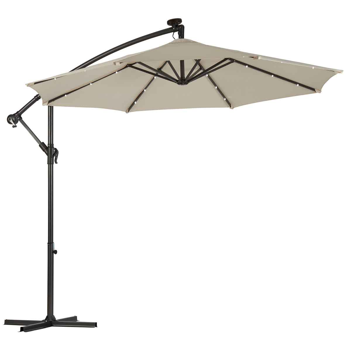 Cream solar LED parasol with a sturdy black metal frame, featuring an adjustable arm and a protective cover, ideal for outdoor shading and ambiance.