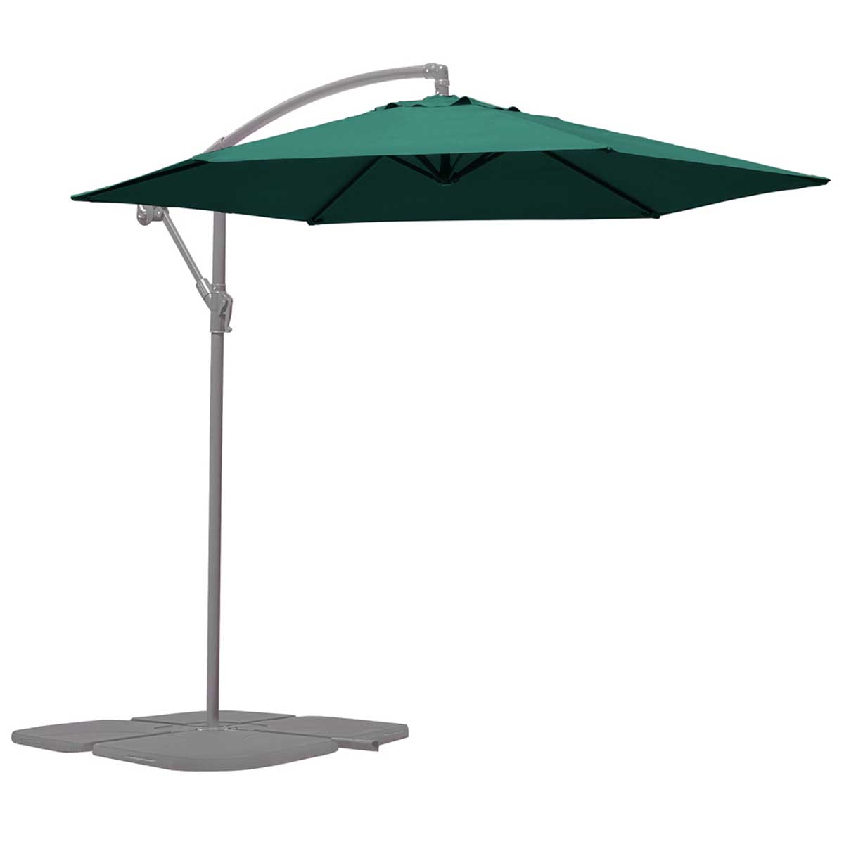 Green cantilever parasol with a sturdy gray metal frame and a square canopy, featuring a protective cover and a weighted base for stability.