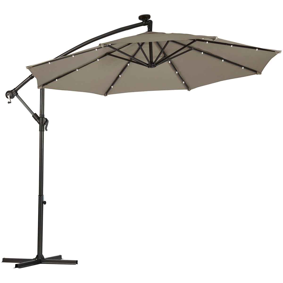 Light grey cantilever parasol with solar LED lights, a sturdy black metal frame, and a protective cover, designed for outdoor use and providing ample shade.