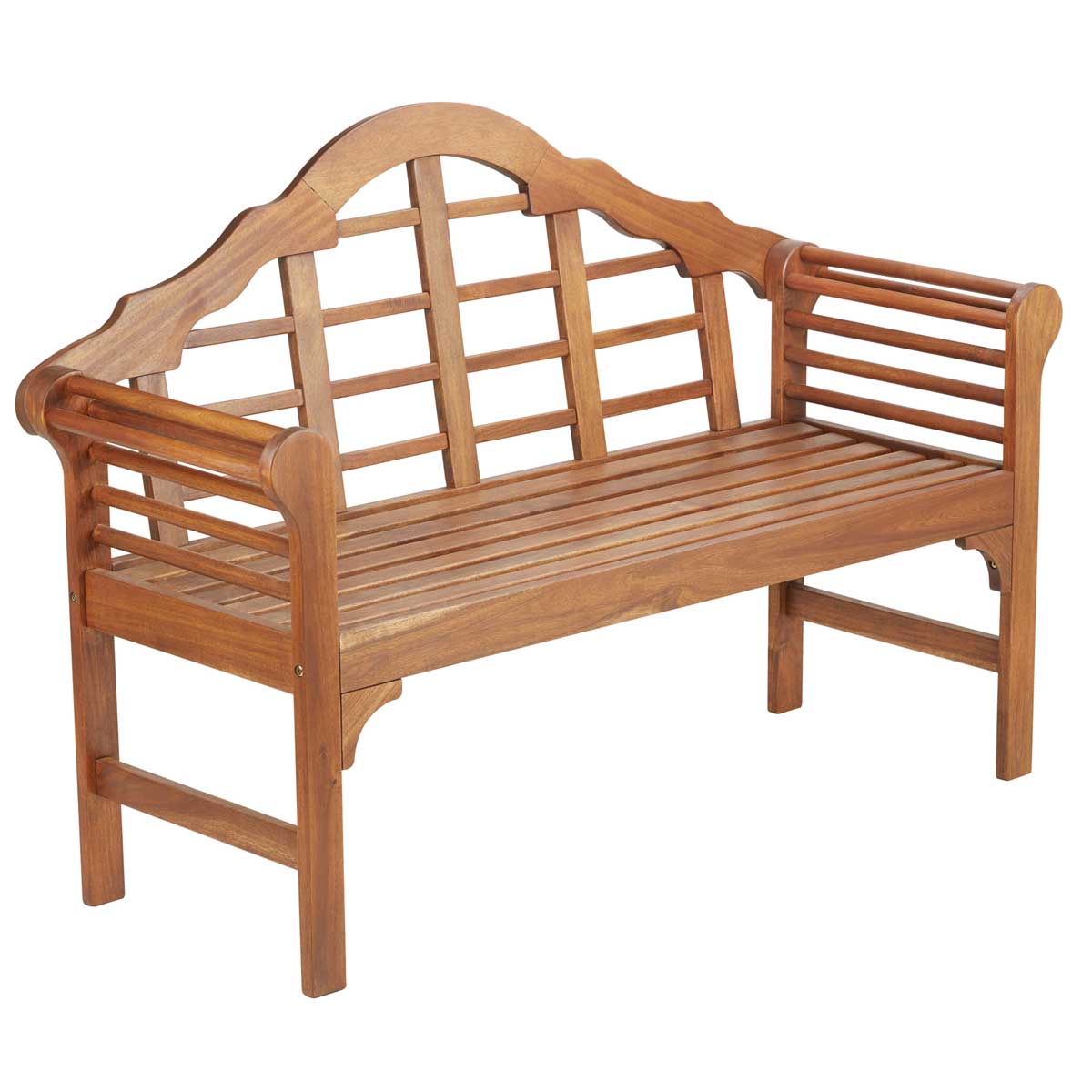 Acacia wood Lutyens bench in brown, featuring a slatted seat and backrest with a decorative arched top and armrests, ideal for garden or patio use.