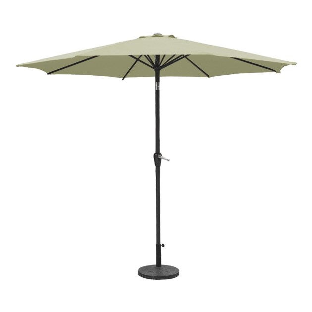 Beige 2.7M parasol with a crank and tilt mechanism, featuring six ribs, a sturdy black metal pole, and a round base for stability.