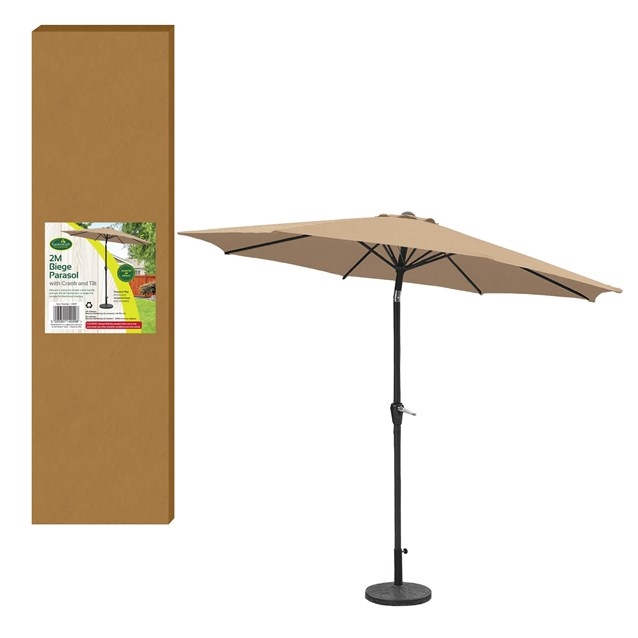 Beige 2M GardenKraft parasol with a crank and tilt mechanism, featuring six ribs for support, accompanied by a brown packaging box.