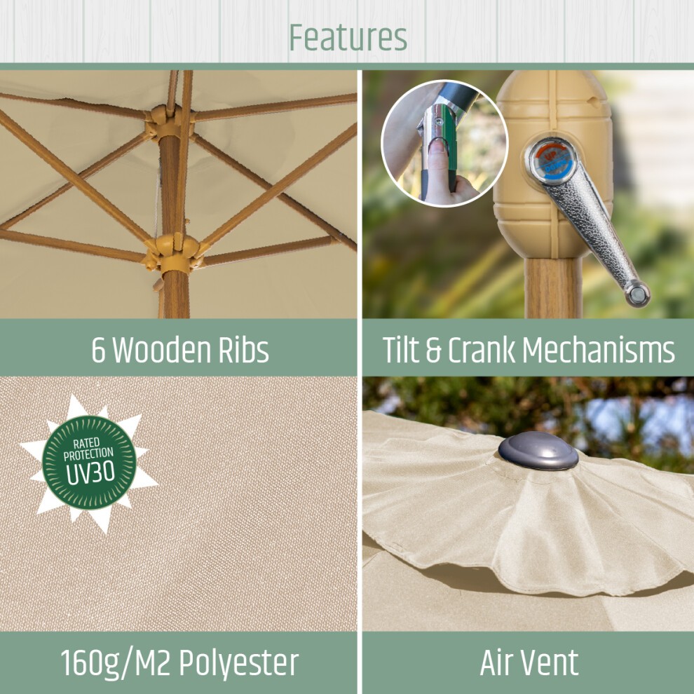 Gardenkraft Beige Wooden Crank and Tilt 6 Ribs Parasol 2.7m - image 2