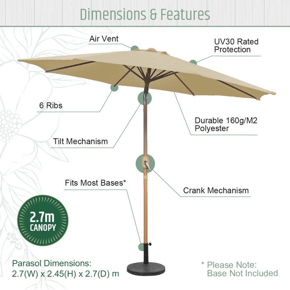 Gardenkraft Beige Wooden Crank and Tilt 6 Ribs Parasol 2.7m - image 4