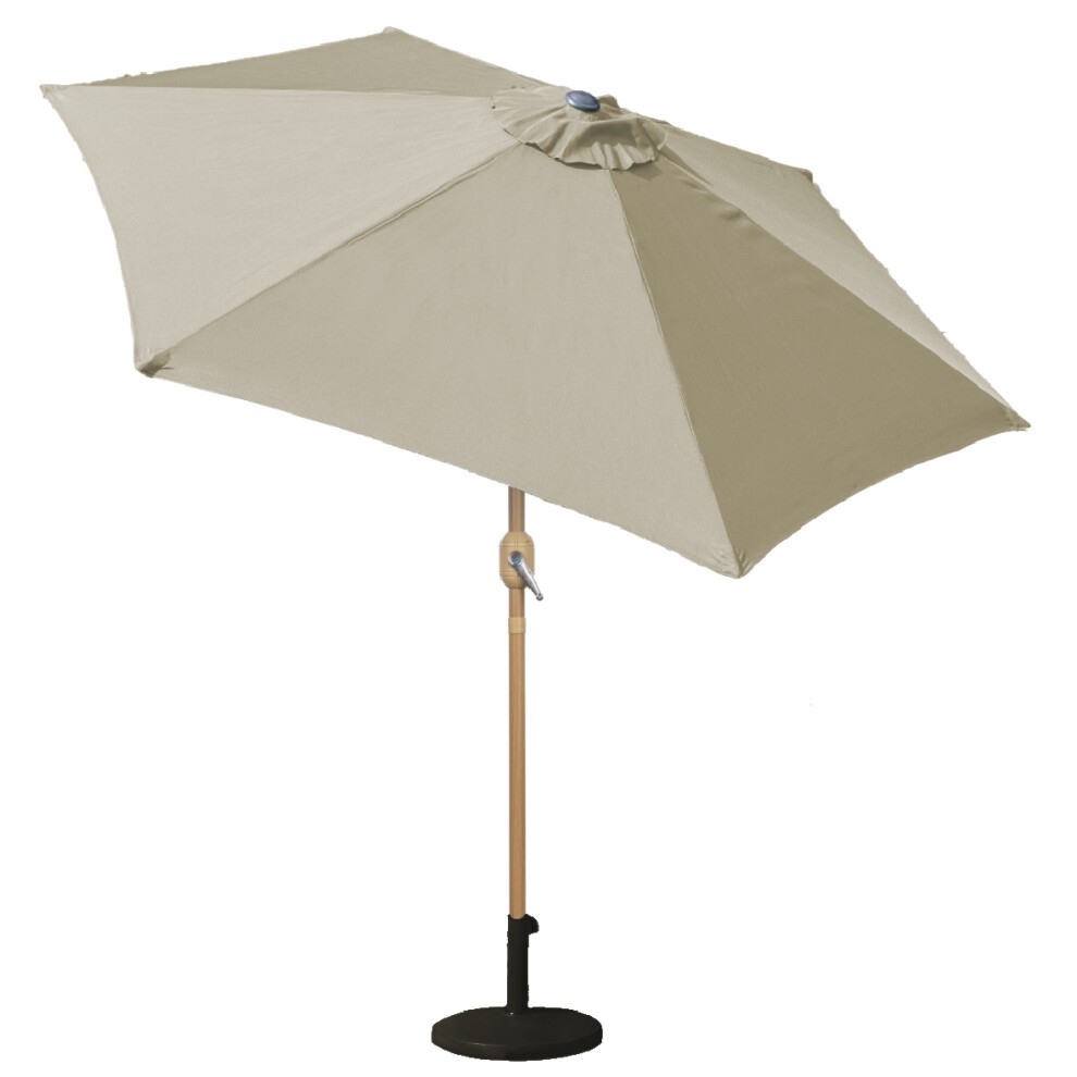 Beige outdoor parasol with a wooden effect pole, featuring a round top and adjustable height, set on a sturdy black base, ideal for garden or patio use.