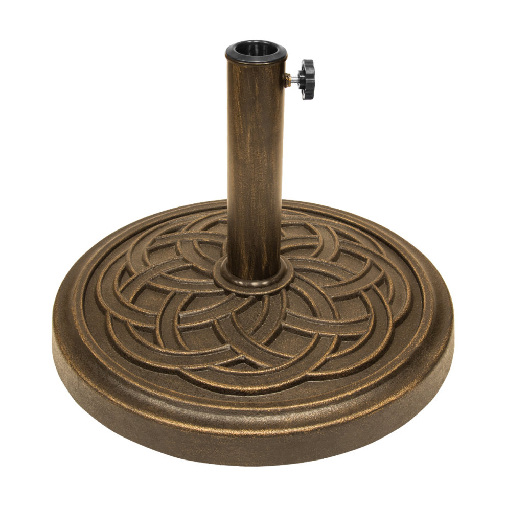 Celtic pattern resin parasol base in bronze color, weighing 12kg, featuring a decorative round design and a central pole holder with a tightening screw.