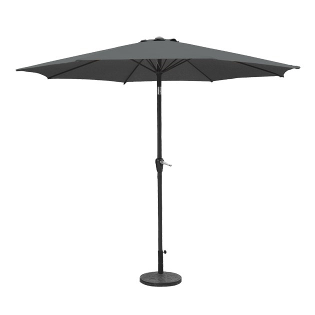 Charcoal-colored 2.7M parasol with a crank and tilt mechanism, featuring six ribs and a sturdy black pole, designed for outdoor shading.
