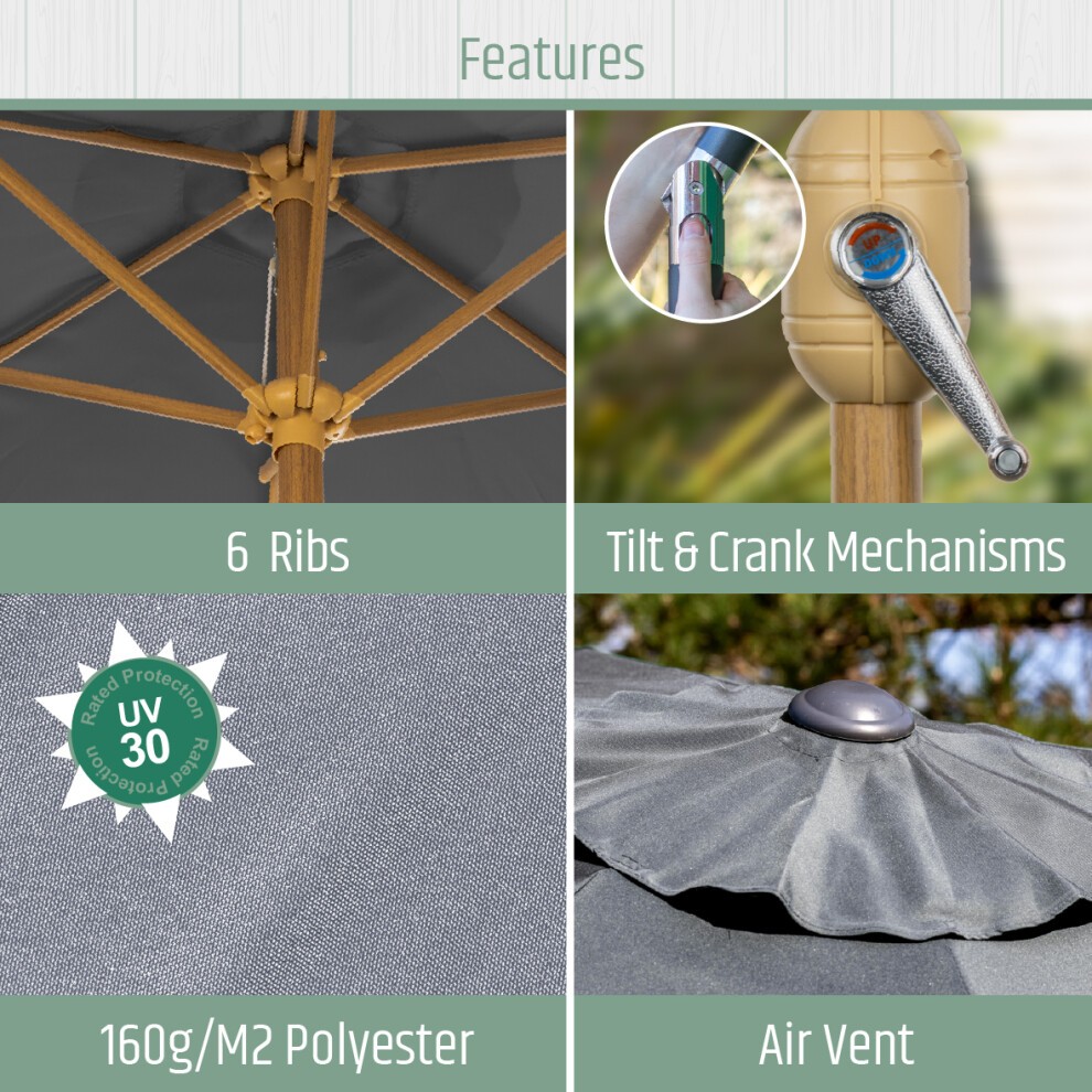 Gardenkraft Charcoal Wooden Crank and Tilt 6 Ribs Parasol 2.7m - image 3