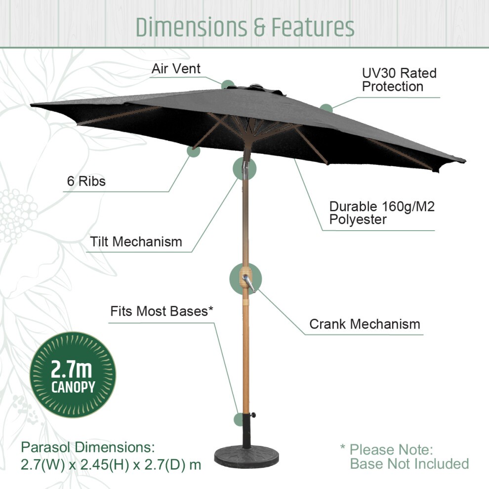 Gardenkraft Charcoal Wooden Crank and Tilt 6 Ribs Parasol 2.7m - image 4