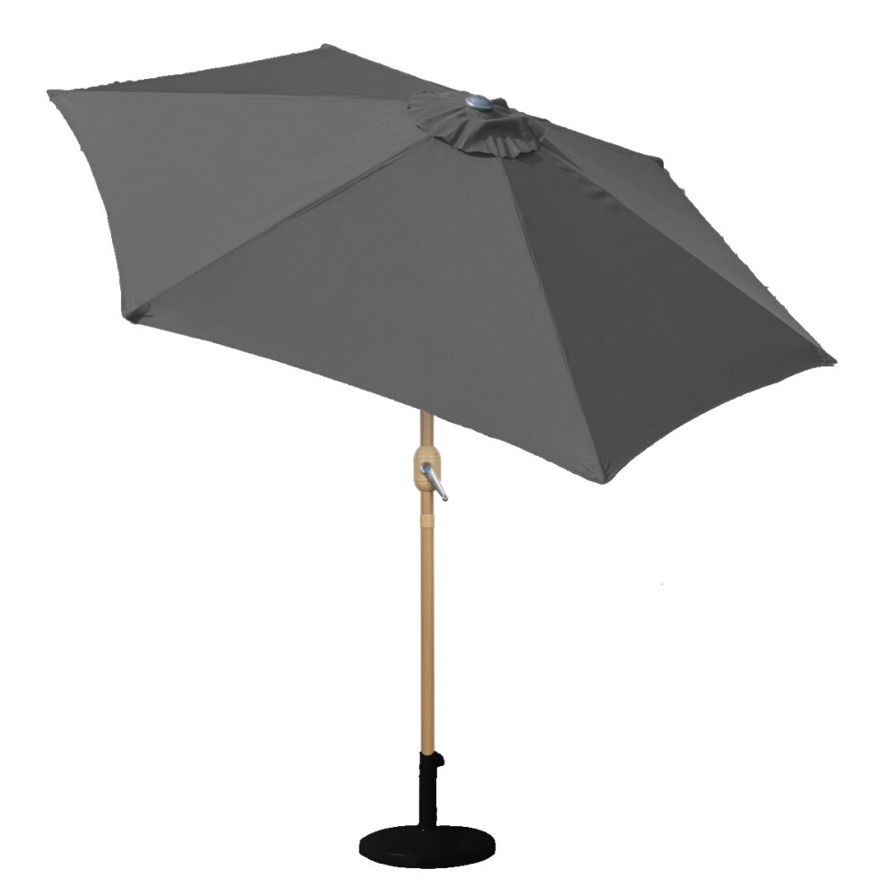 Black 2.7m outdoor parasol with a wooden effect pole, featuring a round canopy and a sturdy base, ideal for providing shade in gardens or patios.