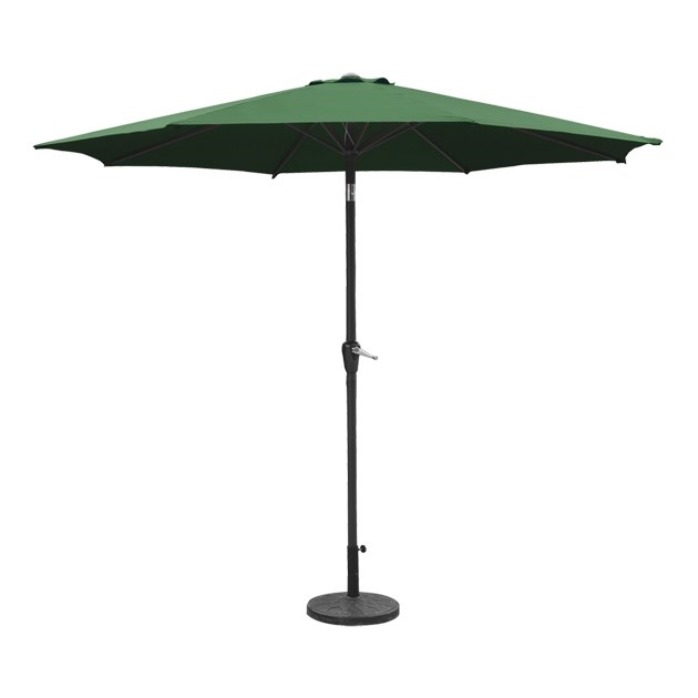 Dark green 2.7M parasol with a crank and tilt mechanism, featuring six ribs and a sturdy black pole, ideal for providing shade in outdoor spaces.