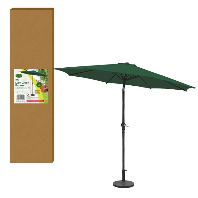 Dark green 2M parasol with a crank and tilt mechanism, featuring six ribs and a sturdy black pole, packaged in a brown cardboard box.