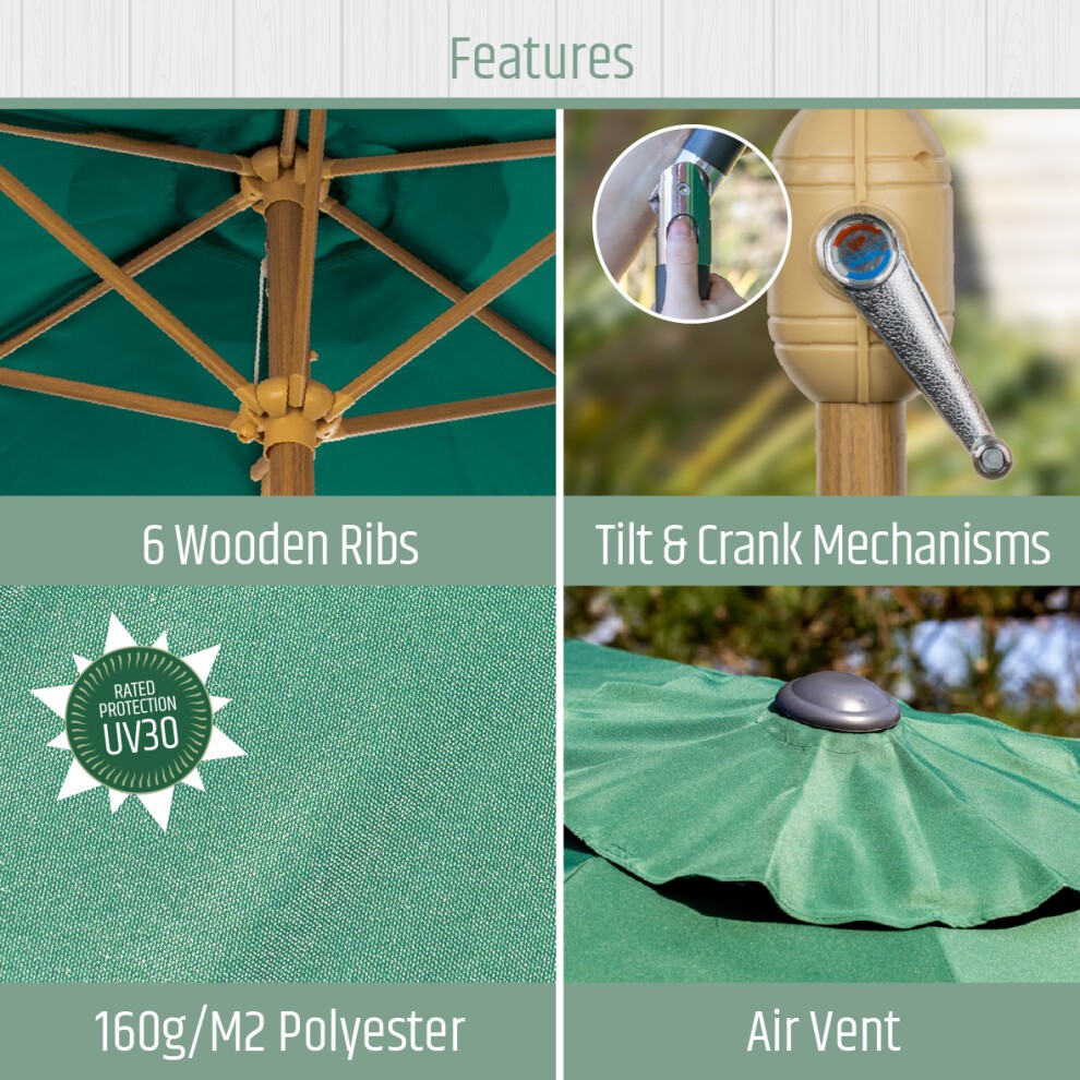 Gardenkraft Dark Green Wooden Crank and Tilt 6 Ribs Parasol 2.7m - image 3
