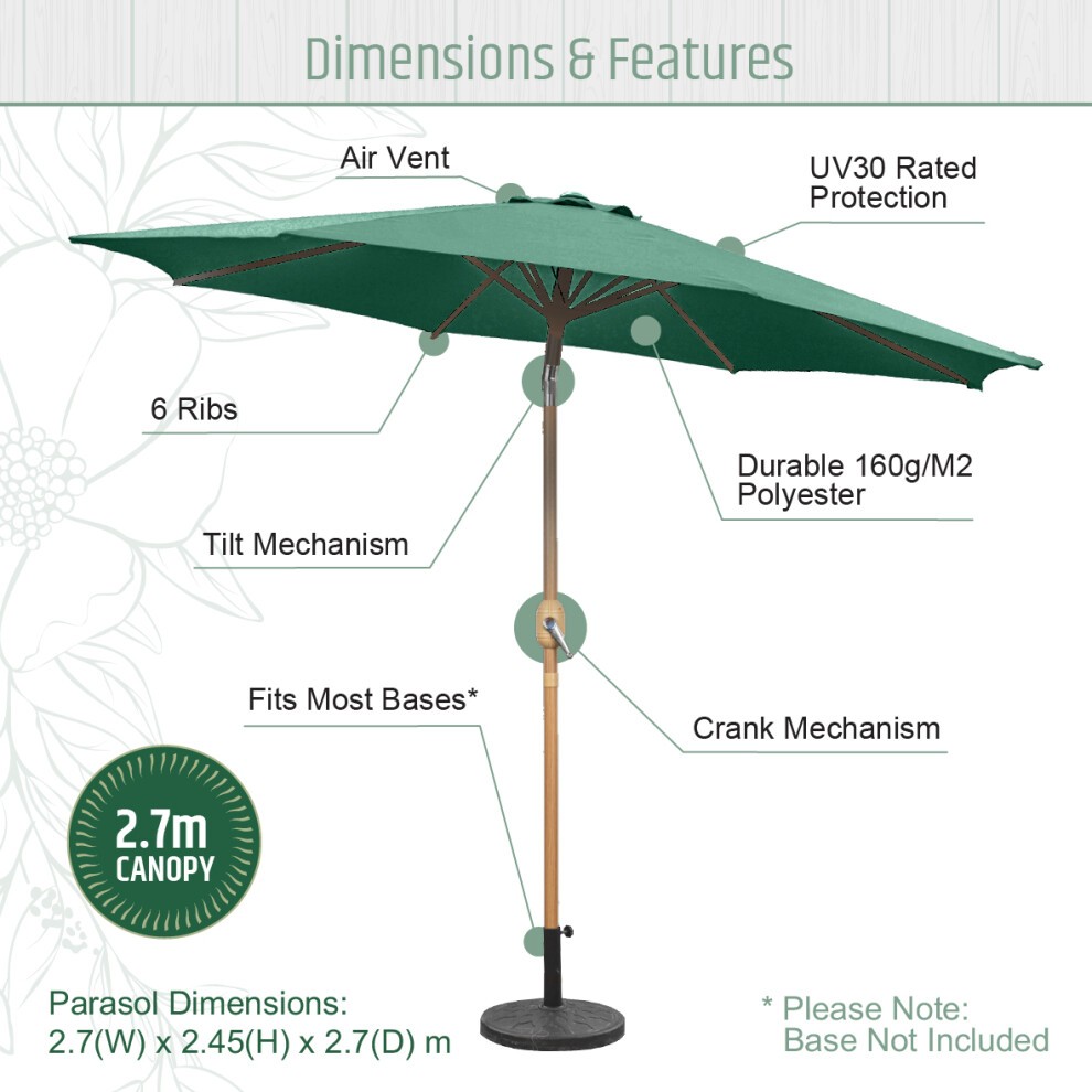 Gardenkraft Dark Green Wooden Crank and Tilt 6 Ribs Parasol 2.7m - image 4
