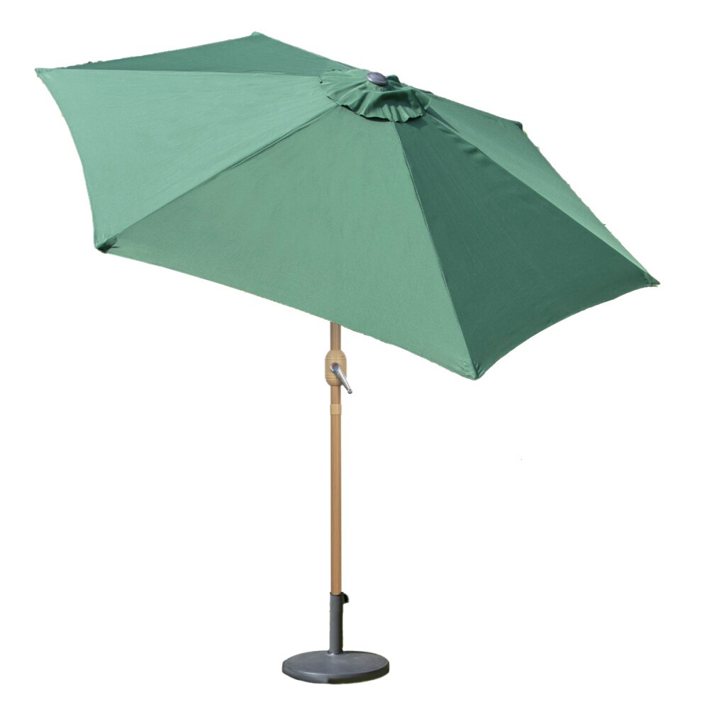 Dark green outdoor parasol featuring a wooden effect pole, 2.7m in height, with a sturdy base and a classic design, ideal for garden or patio use.