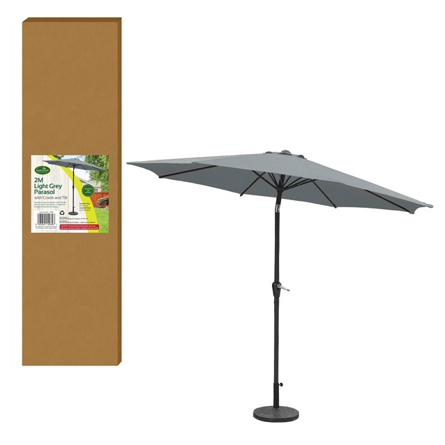 Grey 2m parasol with a crank and tilt mechanism, featuring six ribs for support, alongside its packaging in a brown box with product details visible.