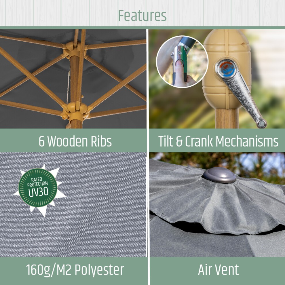 Gardenkraft Grey Wooden Crank and Tilt 6 Ribs Parasol 2.7m - image 3