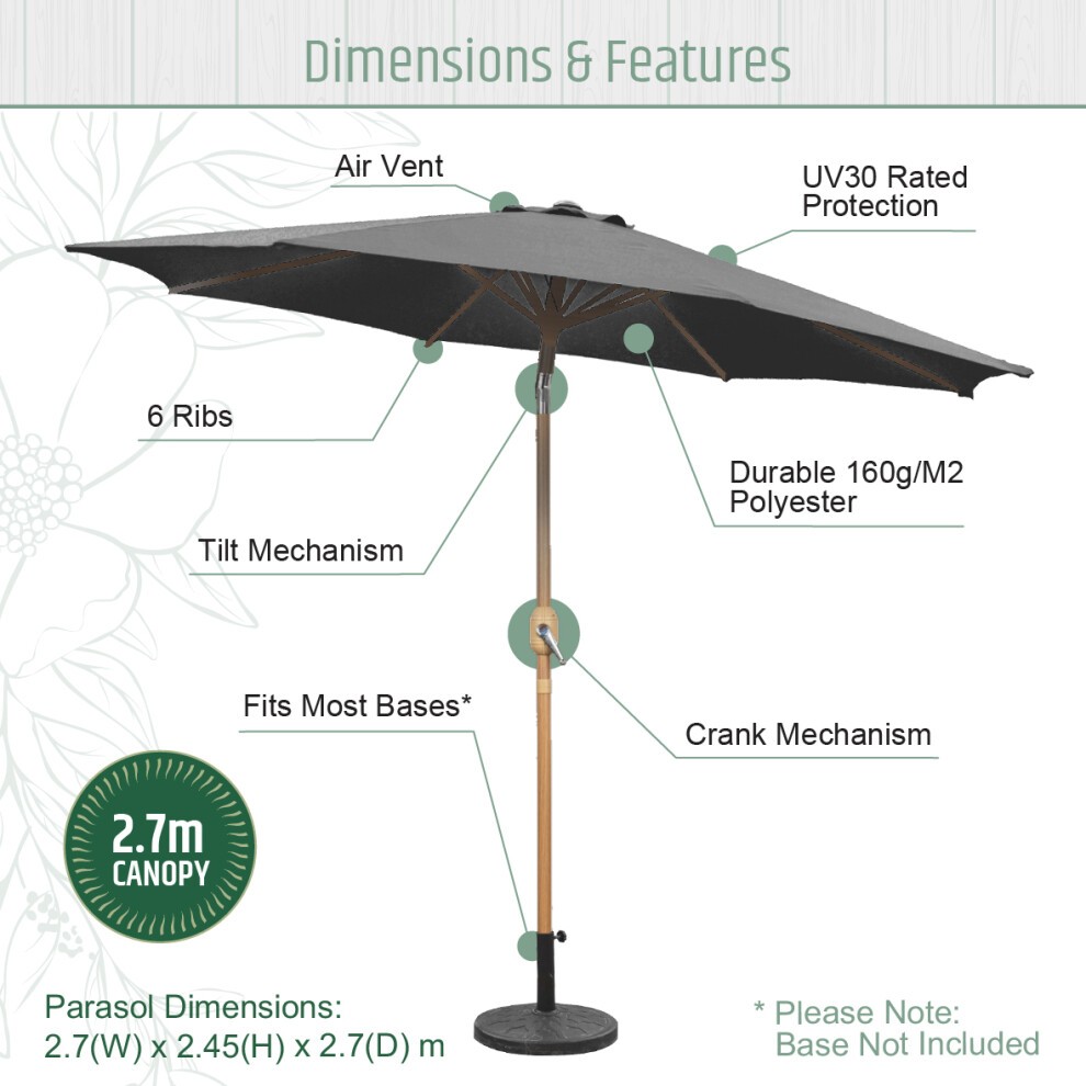 Gardenkraft Grey Wooden Crank and Tilt 6 Ribs Parasol 2.7m - image 4