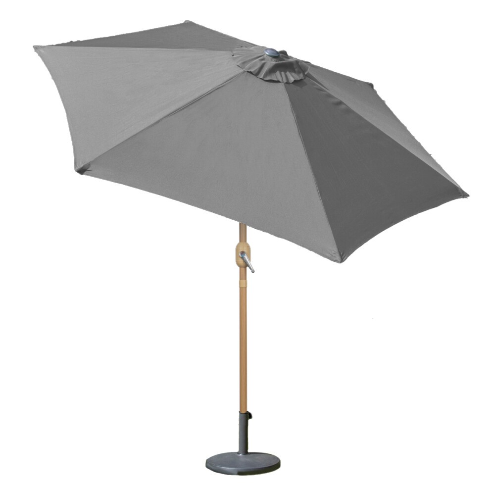Dark grey outdoor parasol with a wooden effect pole, featuring a crank mechanism for easy opening and a round base for stability.