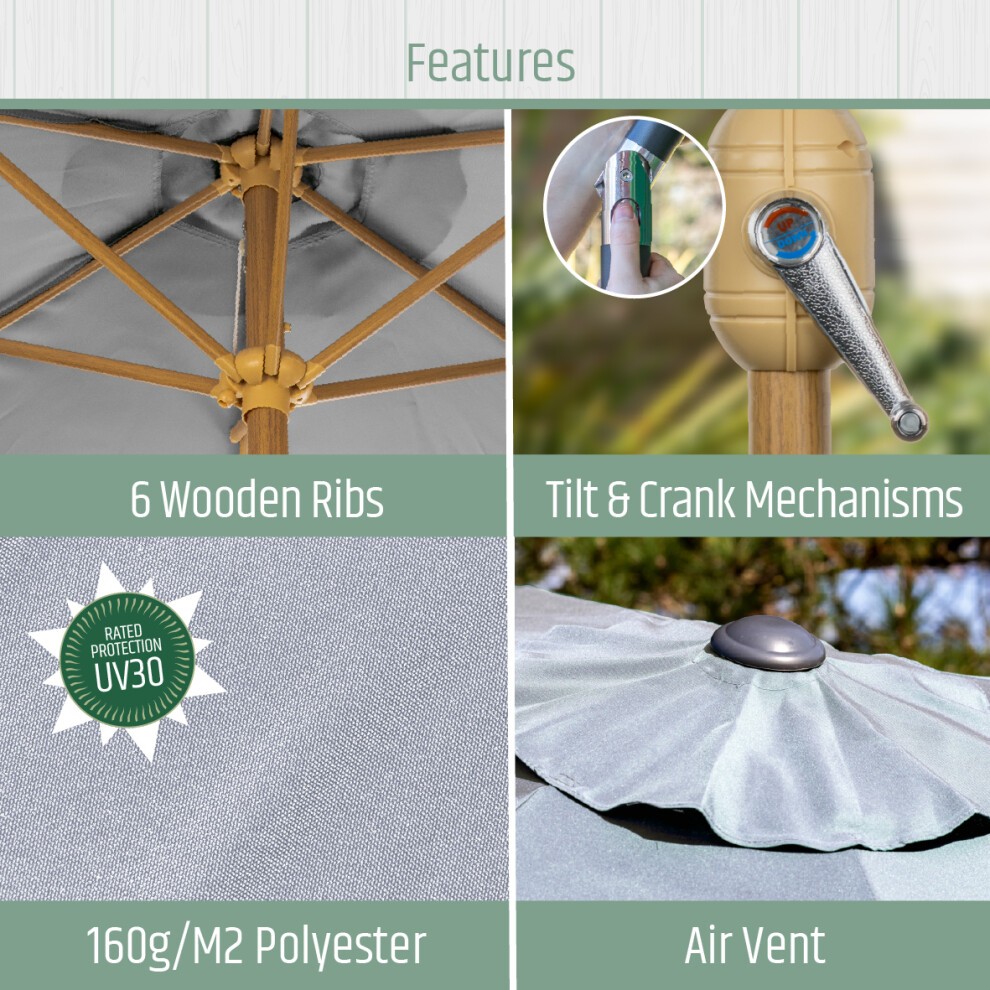 Gardenkraft Light Green Wooden Crank and Tilt 6 Ribs Parasol 2.7m - image 3