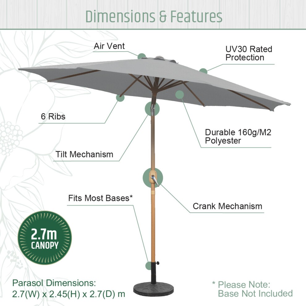 Gardenkraft Light Green Wooden Crank and Tilt 6 Ribs Parasol 2.7m - image 4