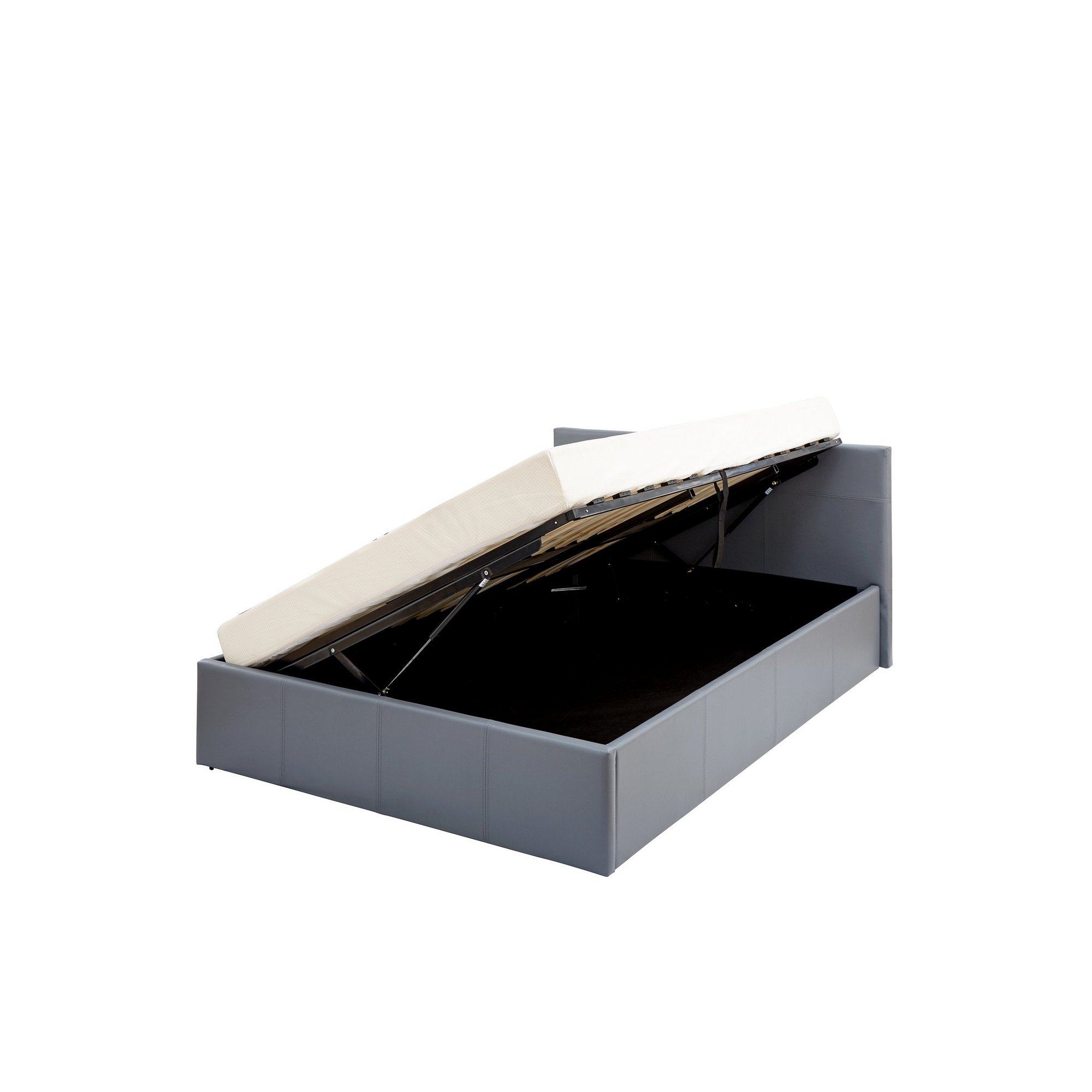 Grey PU side lift ottoman bed with a 150cm Bonnell mattress, featuring a sleek design and a spacious storage compartment underneath.