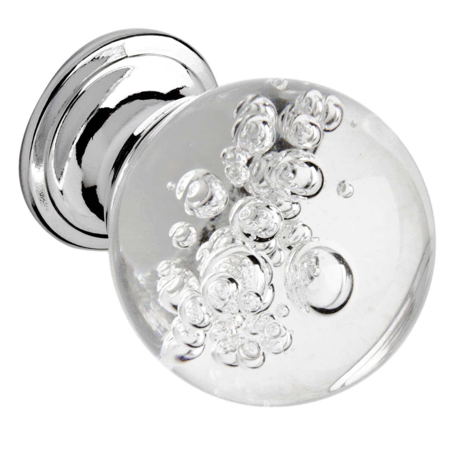 Chrome and clear glass cabinet knob featuring a bubble design, sold in a pack of six by Elite Knobs & Handles.
