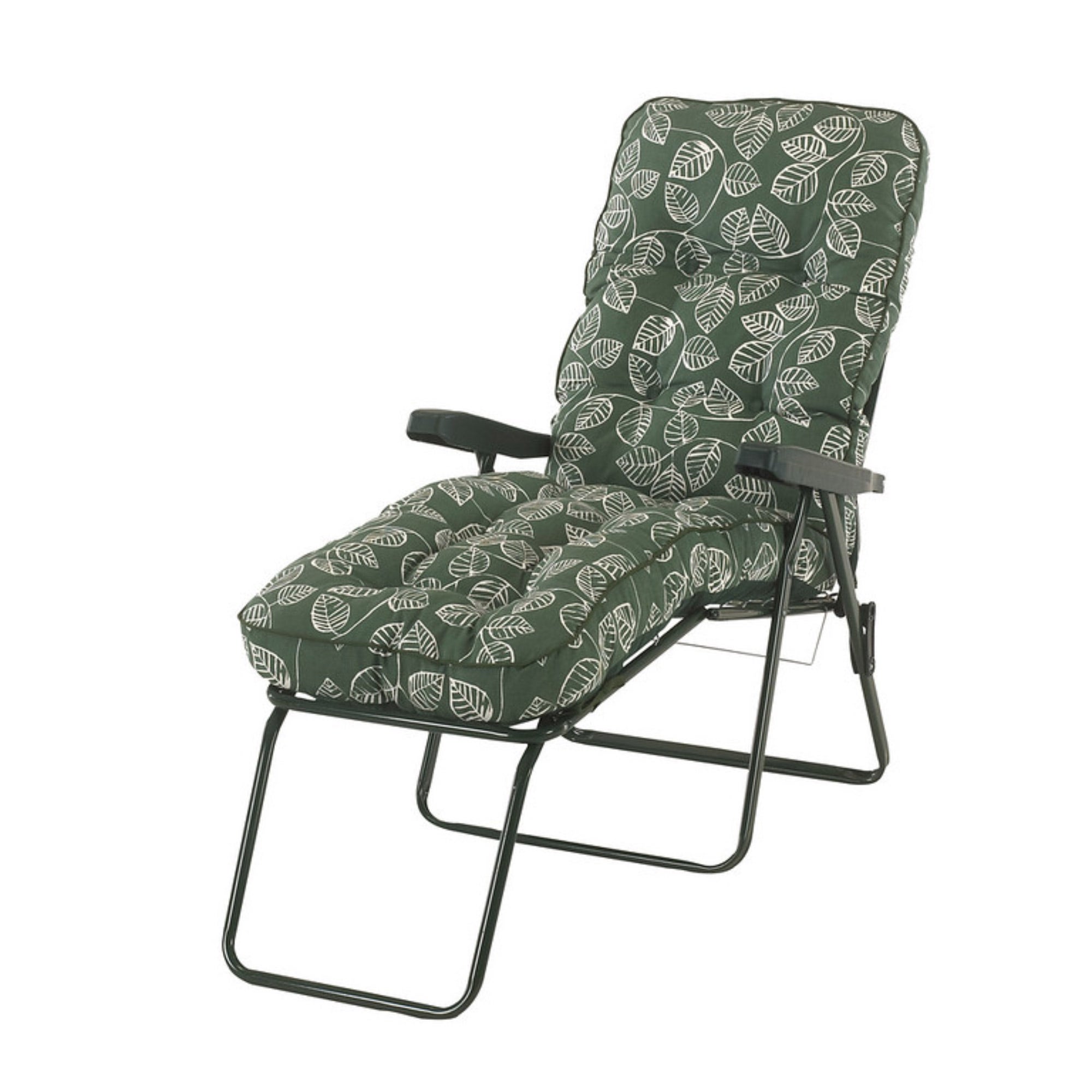 Green lounge chair featuring a cushioned seat with a white leaf pattern, adjustable backrest, and a sturdy black metal frame.